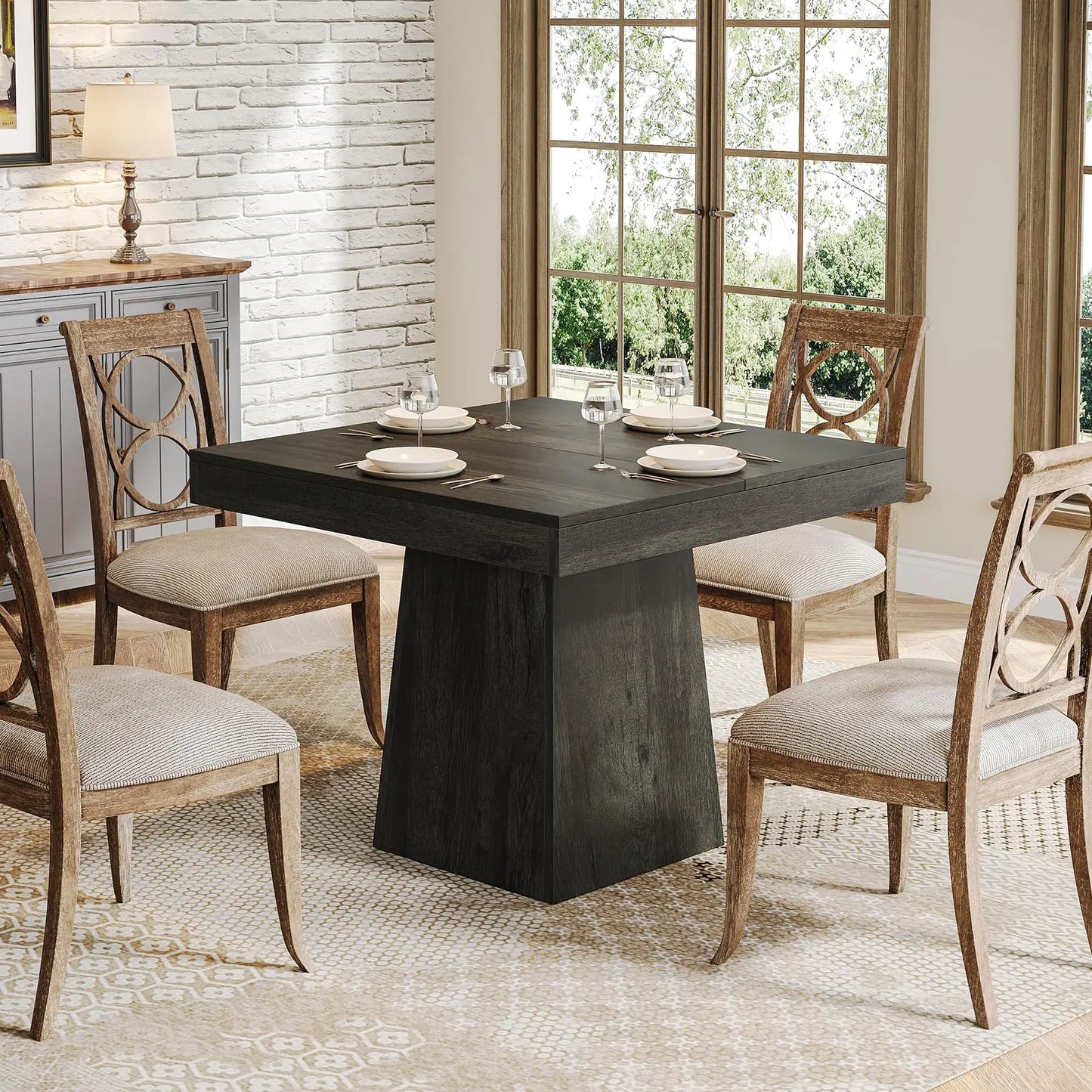 Tribesigns Square Dining Table With Pedestal Base Farmhouse Style Wood