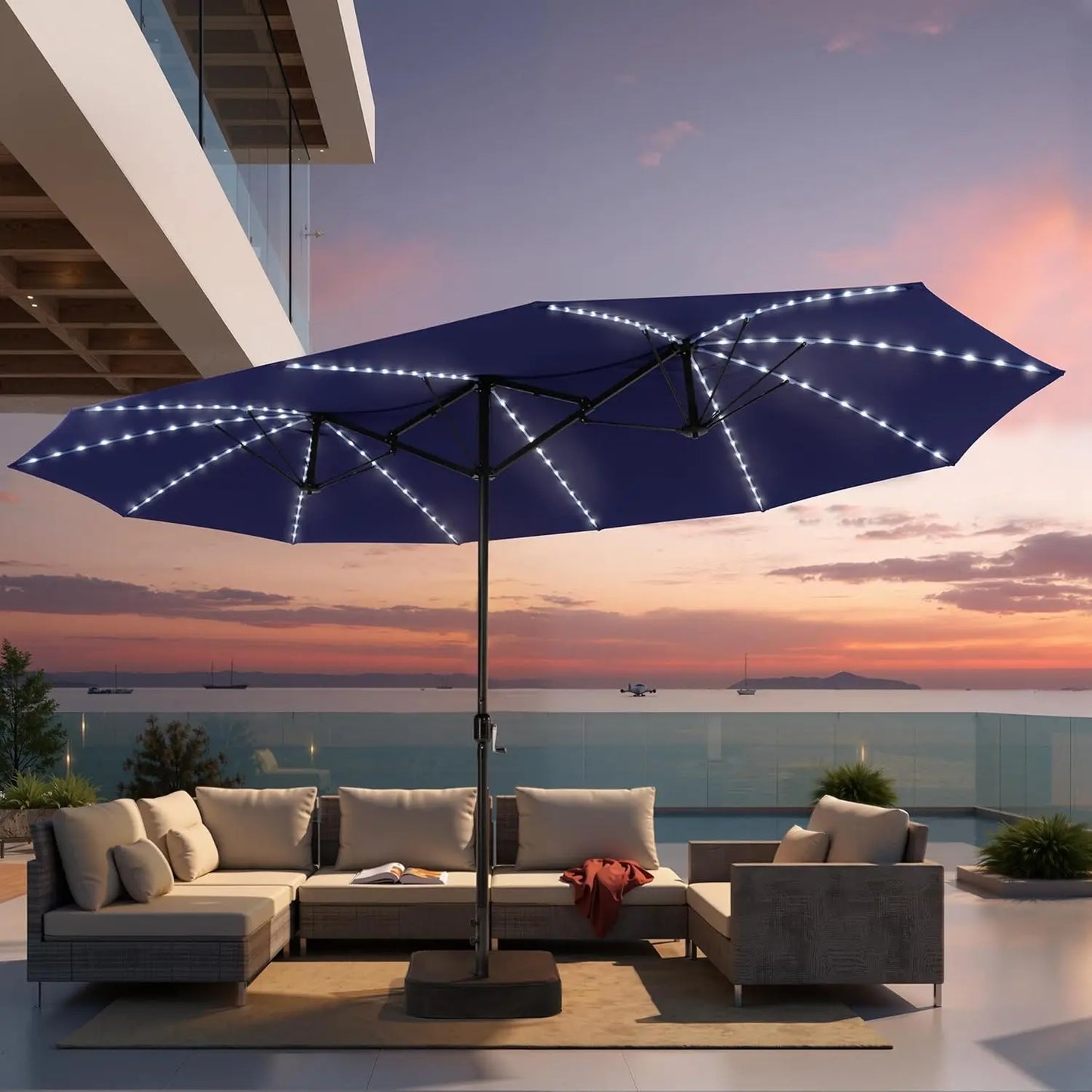 15FT Double Sided Umbrella with 144 LED Solar Lights, Outdoor Patio Umbrella with Base, Large Rectangle Market, Customized
