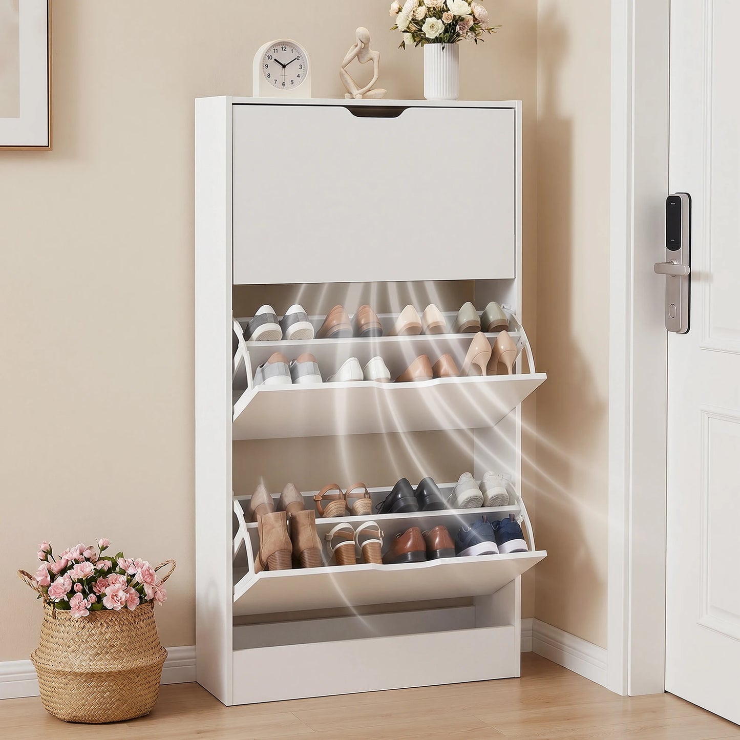 Shoe Cabinet With 3 Flip Drawers Slim Wooden Organizer