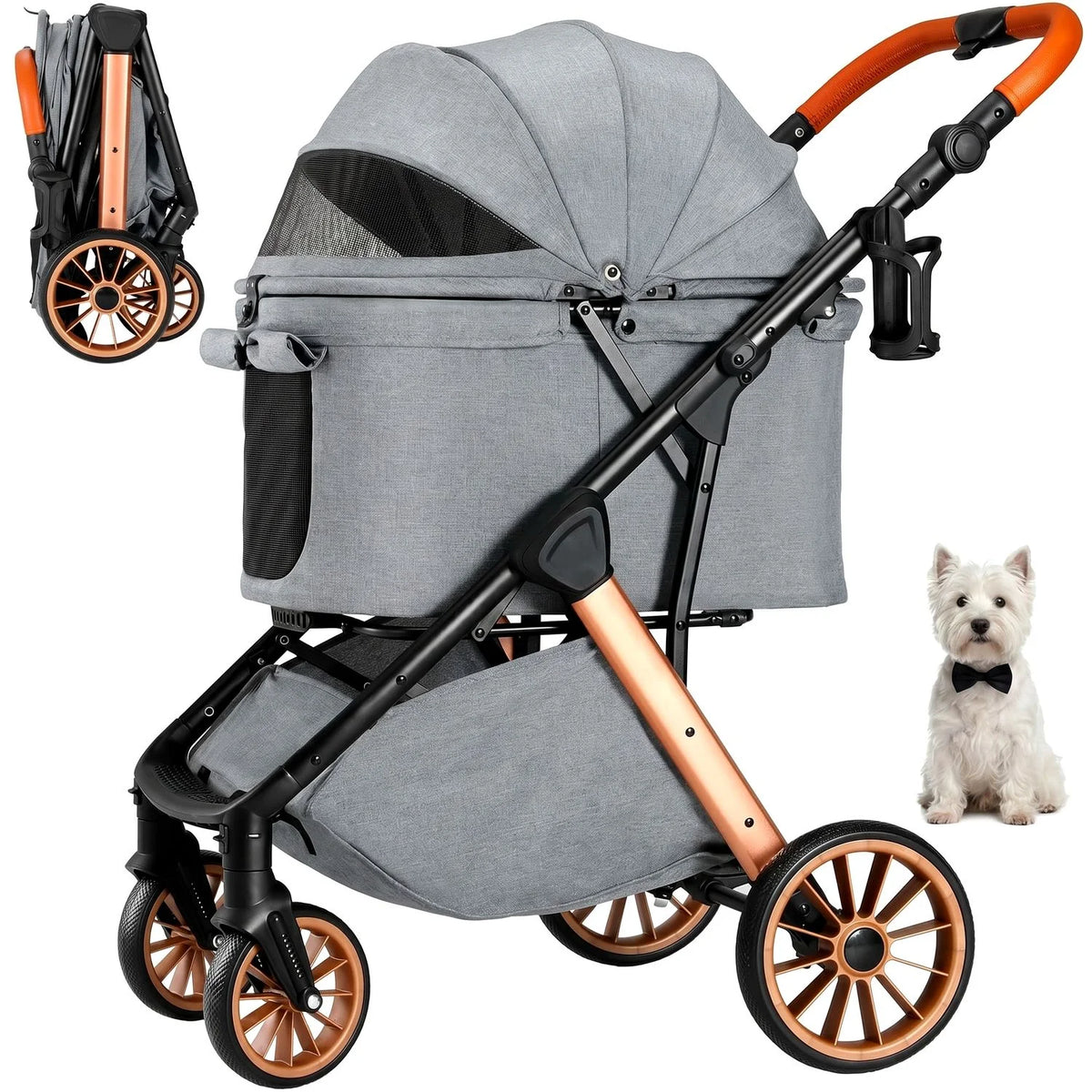 Foldable Pet Stroller with Carrier Sun Shade and Shock Absorbers