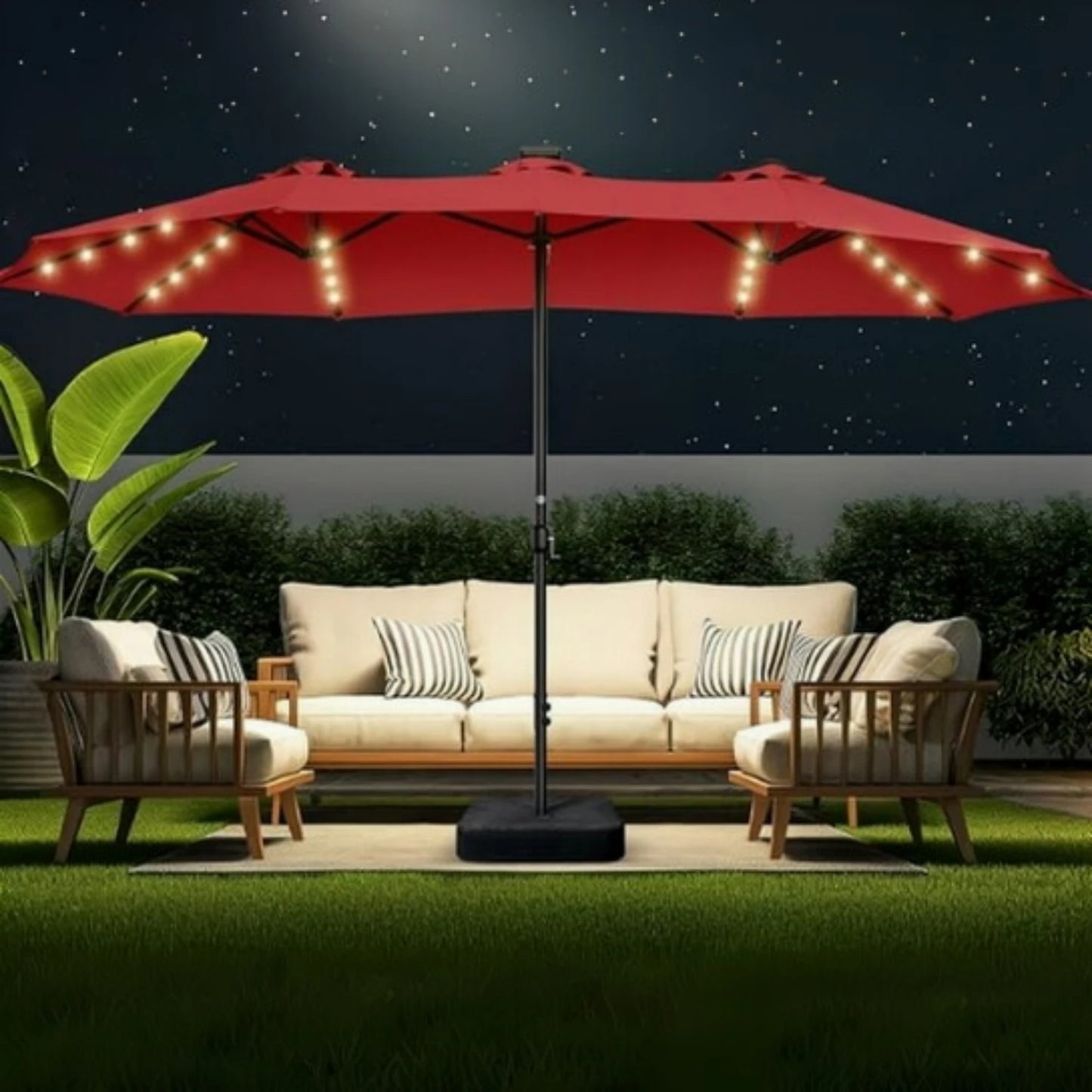 15 ft Rectangular Patio Umbrella with Solar Lights & Base Included - Large Patio Umbrella with Crank Handle 36 LED Lights, UV Protection for Outdoor Market, Backyard, Deck, Pool, Burgundy