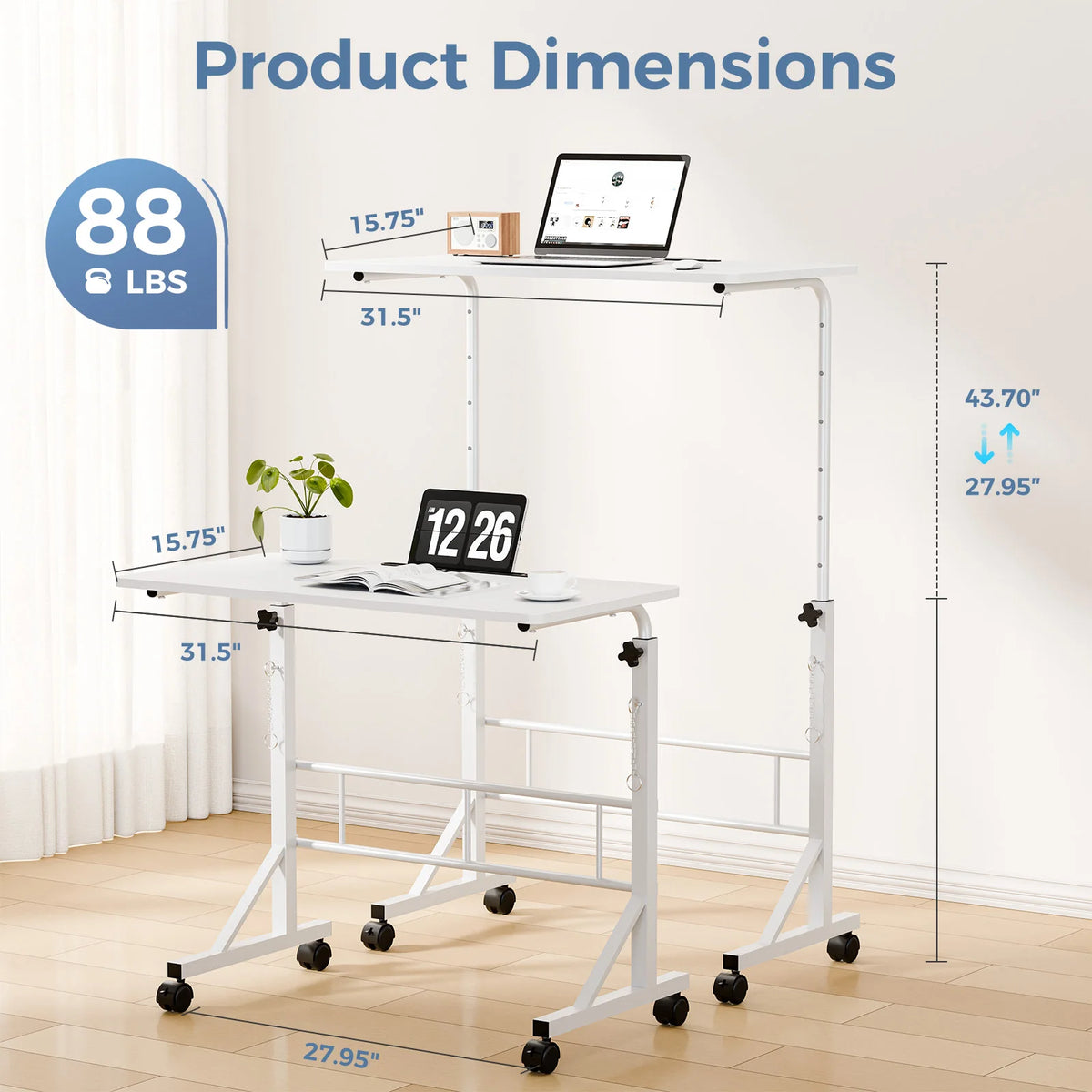 JHK Adjustable Height Mobile Desk Locking Wheels Laptop Workstation