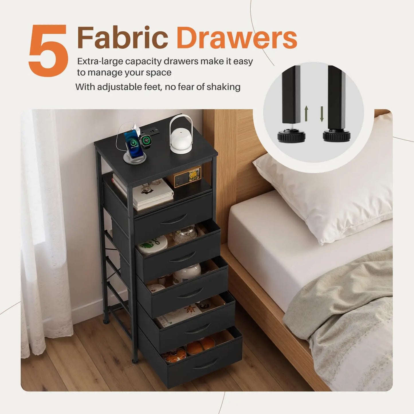 JHK Five Drawer Dresser Nightstand With Charging Station And Outlets