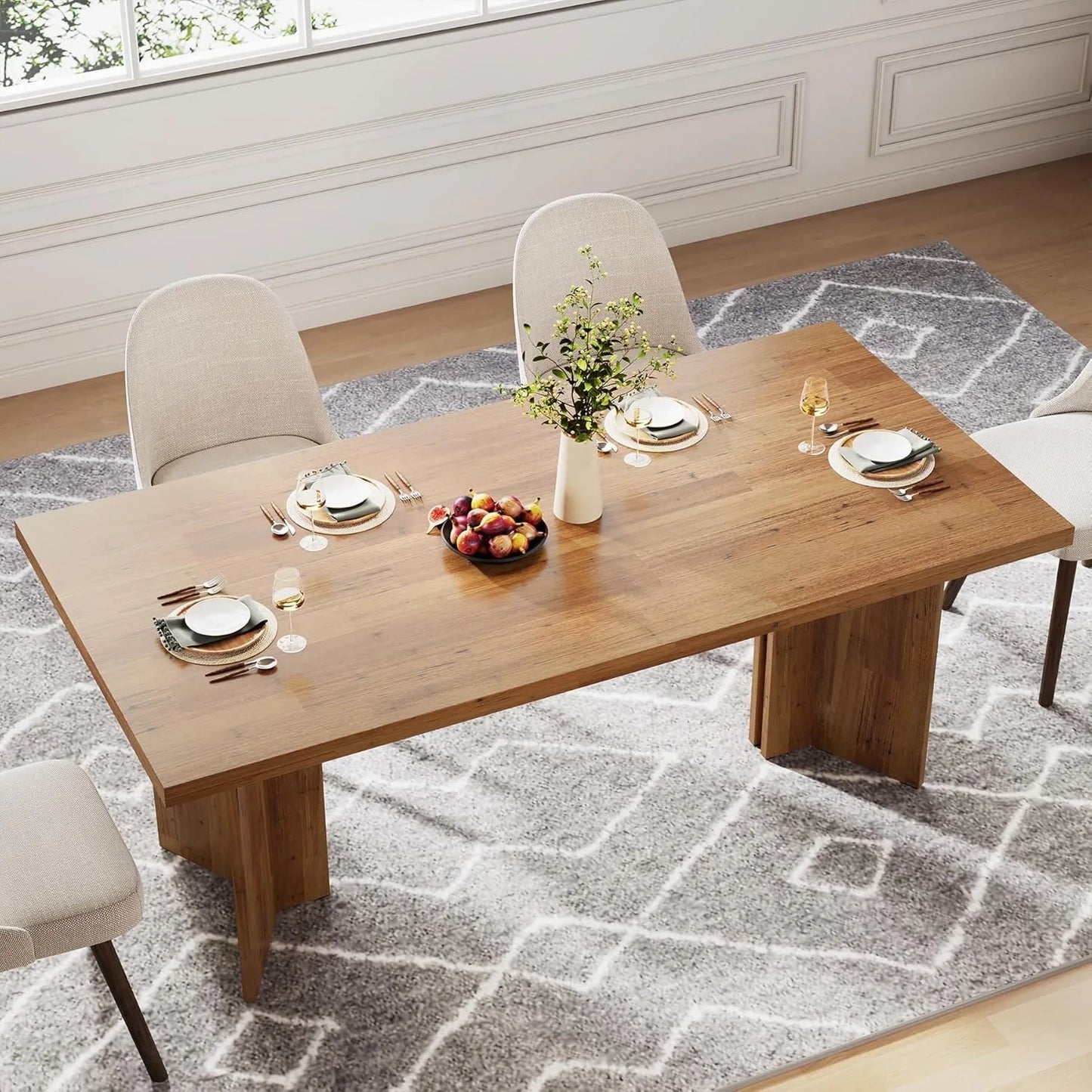 LITTLE TREE Farmhouse Dining Table Rectangular Large Tabletop For Dining Room