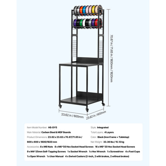 SucceBuy 3D Printer Filament Storage Rack Cart With Wheels