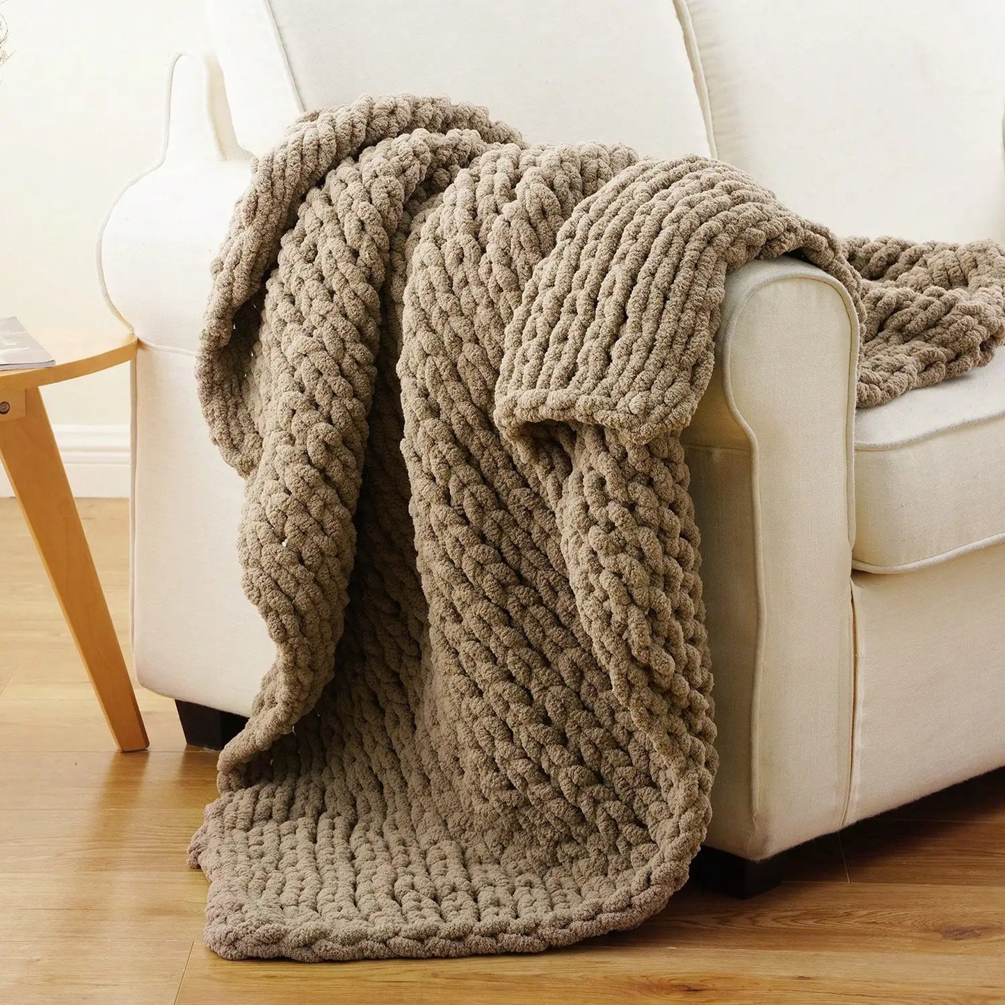 Cream Chunky Knit Throw Blanket For Couch,Handmade Cable Knit Crochet Blanket,Chenille Throw Blankets For Sofa Bed Home Decor,50