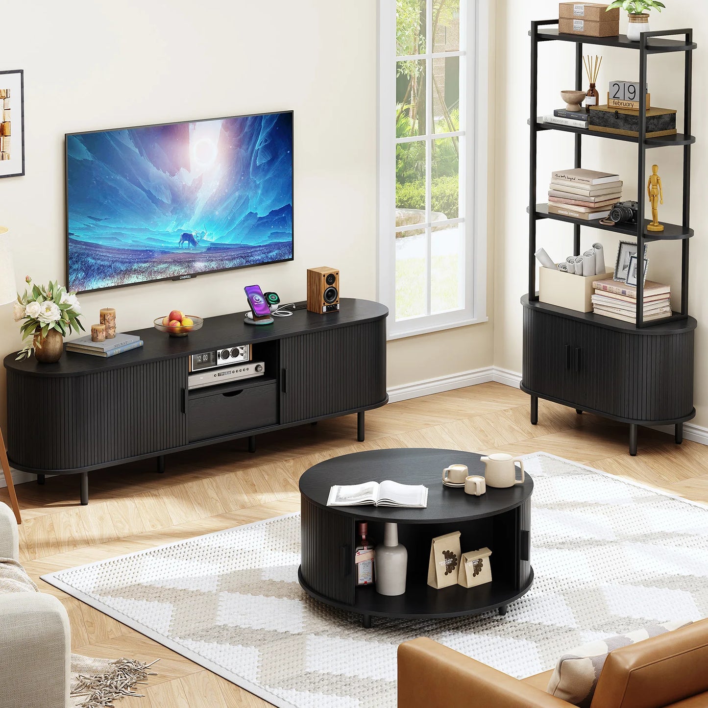 ONBRILL Modern TV Stand Entertainment Center With Storage And Adjustable Shelves
