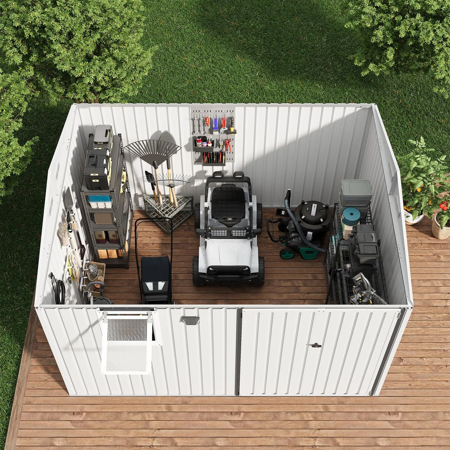 10x8FT Steel Garden Storage Shed With Sloped Roof, Vents & Window, Lockable Doors, Outdoor Tool Shed For Backyard Patio Poolside