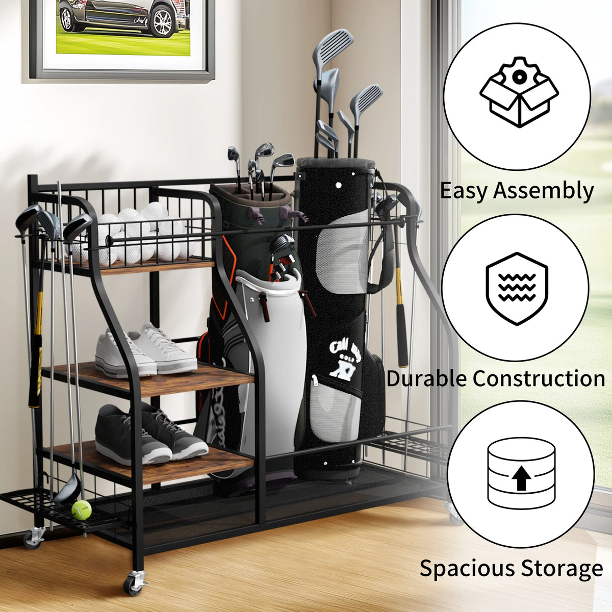 Rolling Golf Bag Storage Rack With Wheels Sports Equipment Organizer