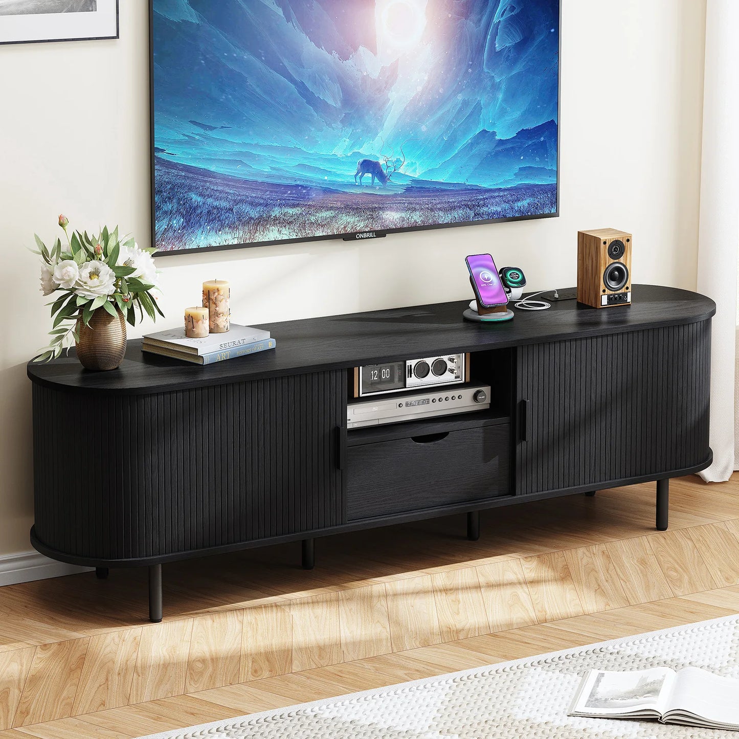 ONBRILL Modern TV Stand Entertainment Center With Storage And Adjustable Shelves