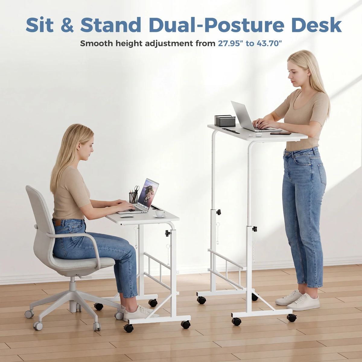 JHK Adjustable Height Mobile Desk Locking Wheels Laptop Workstation