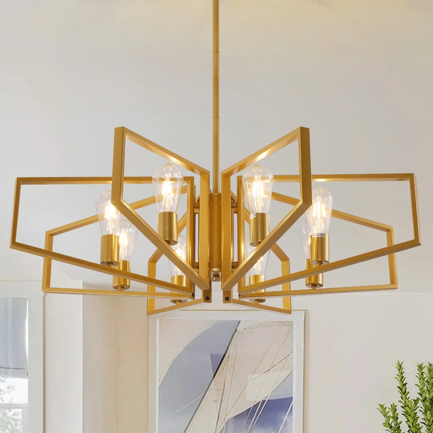 8-Light Geometric Chandelier With Adjustable Height Pendant Light