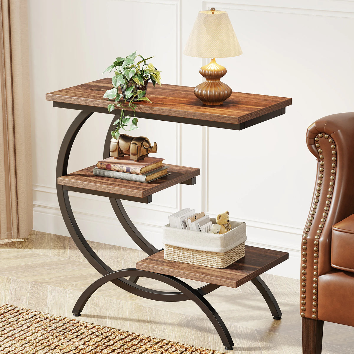 Tribesigns Industrial C-Shaped End Table with 3-Tier Storage Shelves