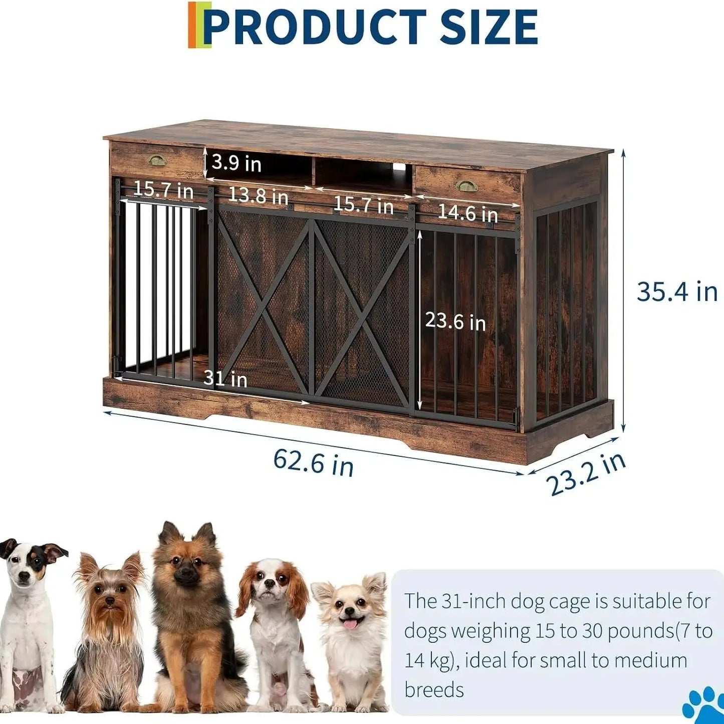 Heavy Duty Wooden Double Dog Crate Furniture Storage Drawers Indoor