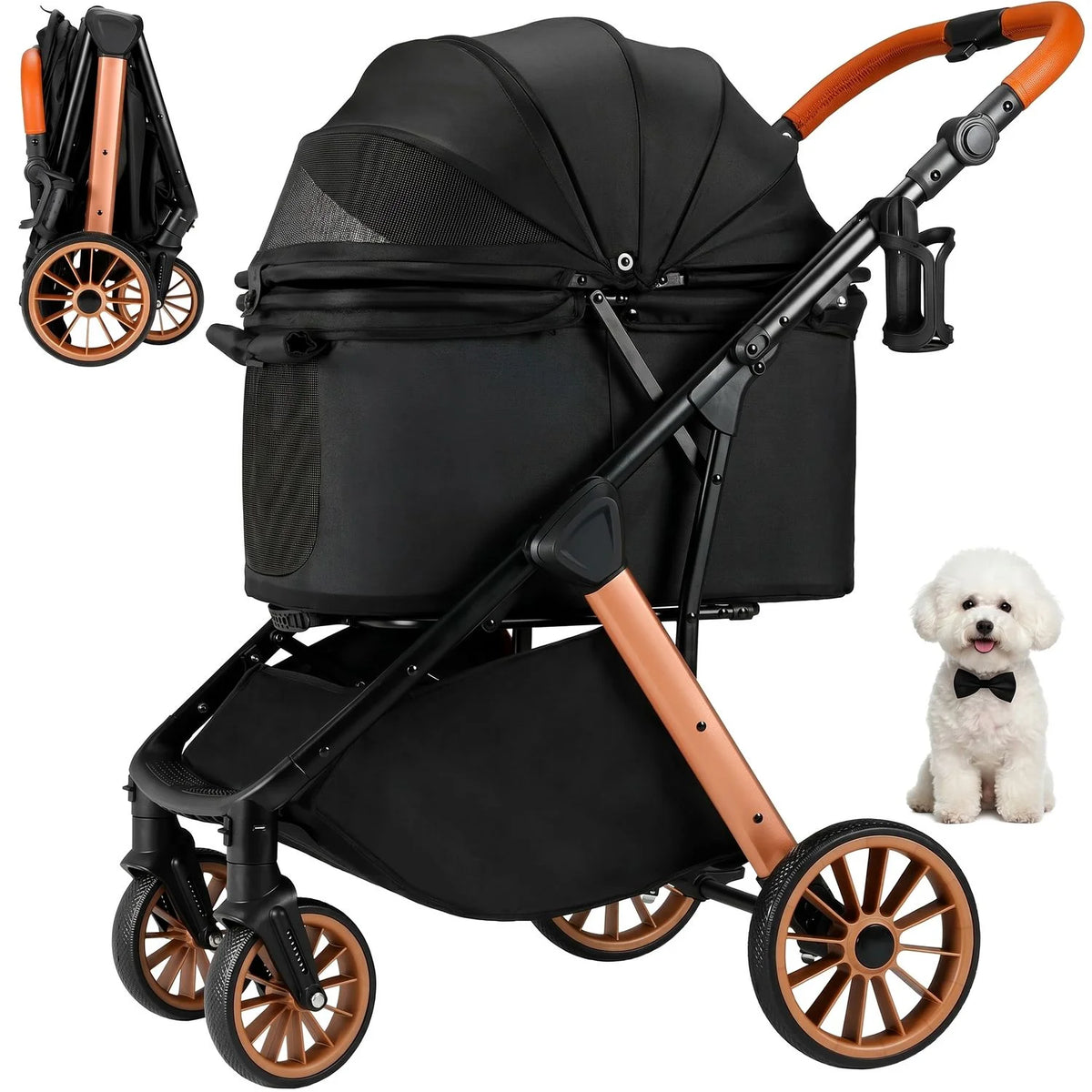 Foldable Pet Stroller with Carrier Sun Shade and Shock Absorbers