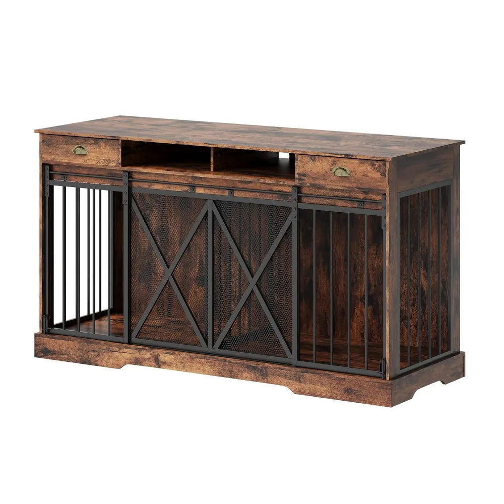 Heavy Duty Wooden Double Dog Crate Furniture Storage Drawers Indoor