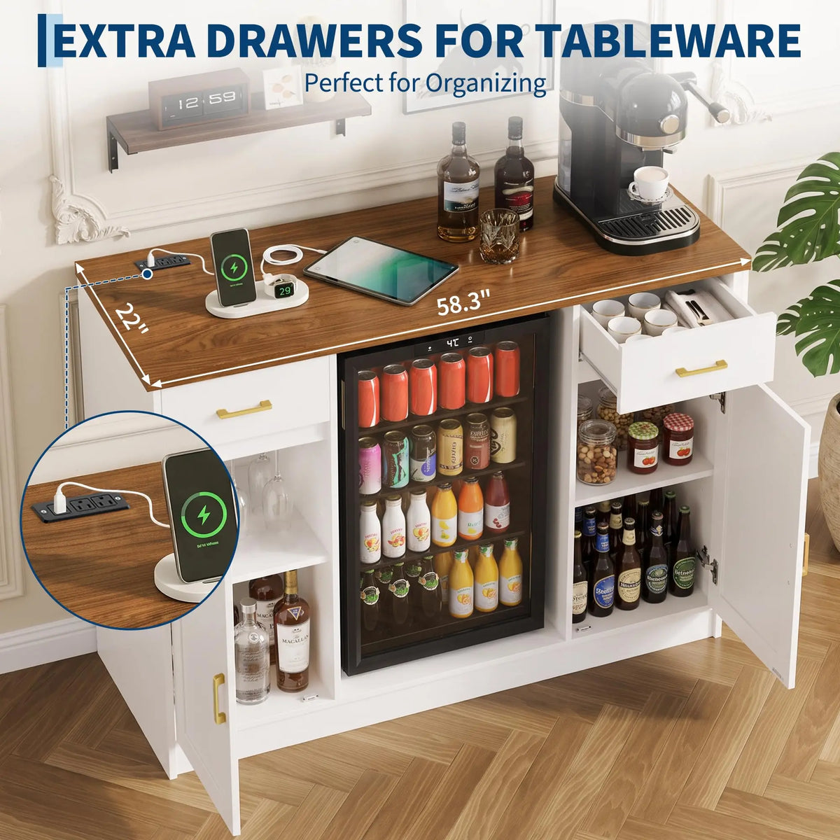 HiMISS Coffee Bar Cabinet With Mini Fridge Space And Storage