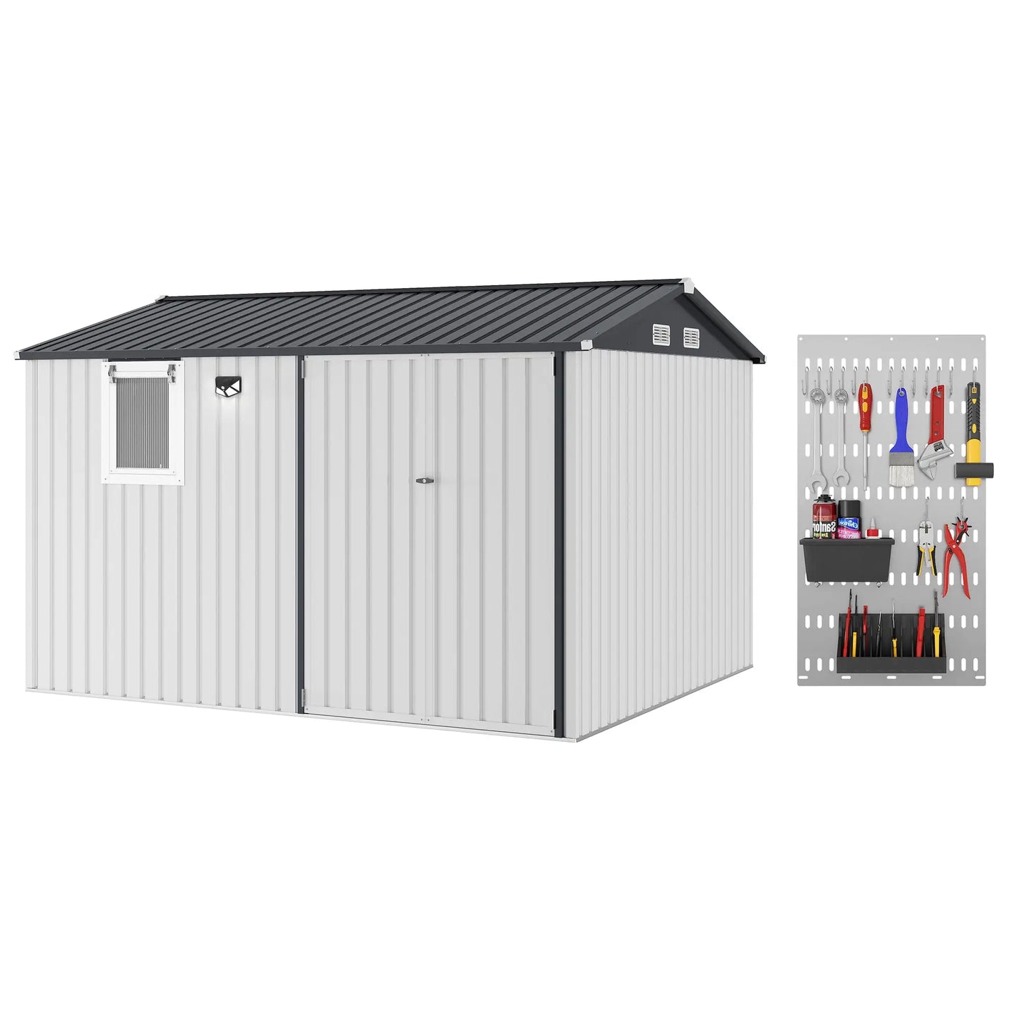 10x8FT Steel Garden Storage Shed With Sloped Roof, Vents & Window, Lockable Doors, Outdoor Tool Shed For Backyard Patio Poolside