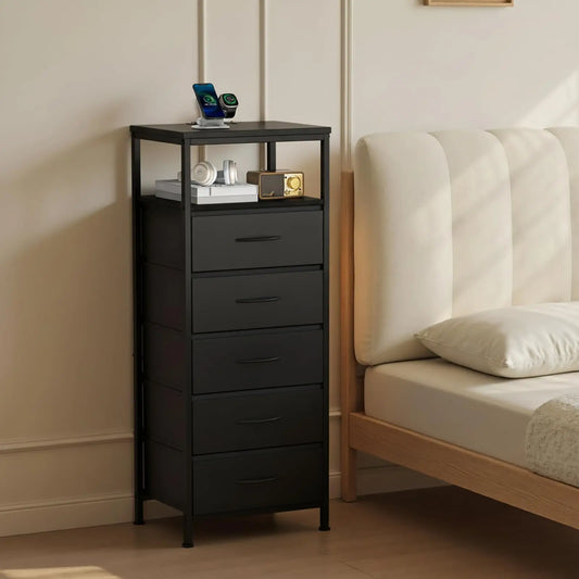 JHK Five Drawer Dresser Nightstand With Charging Station And Outlets