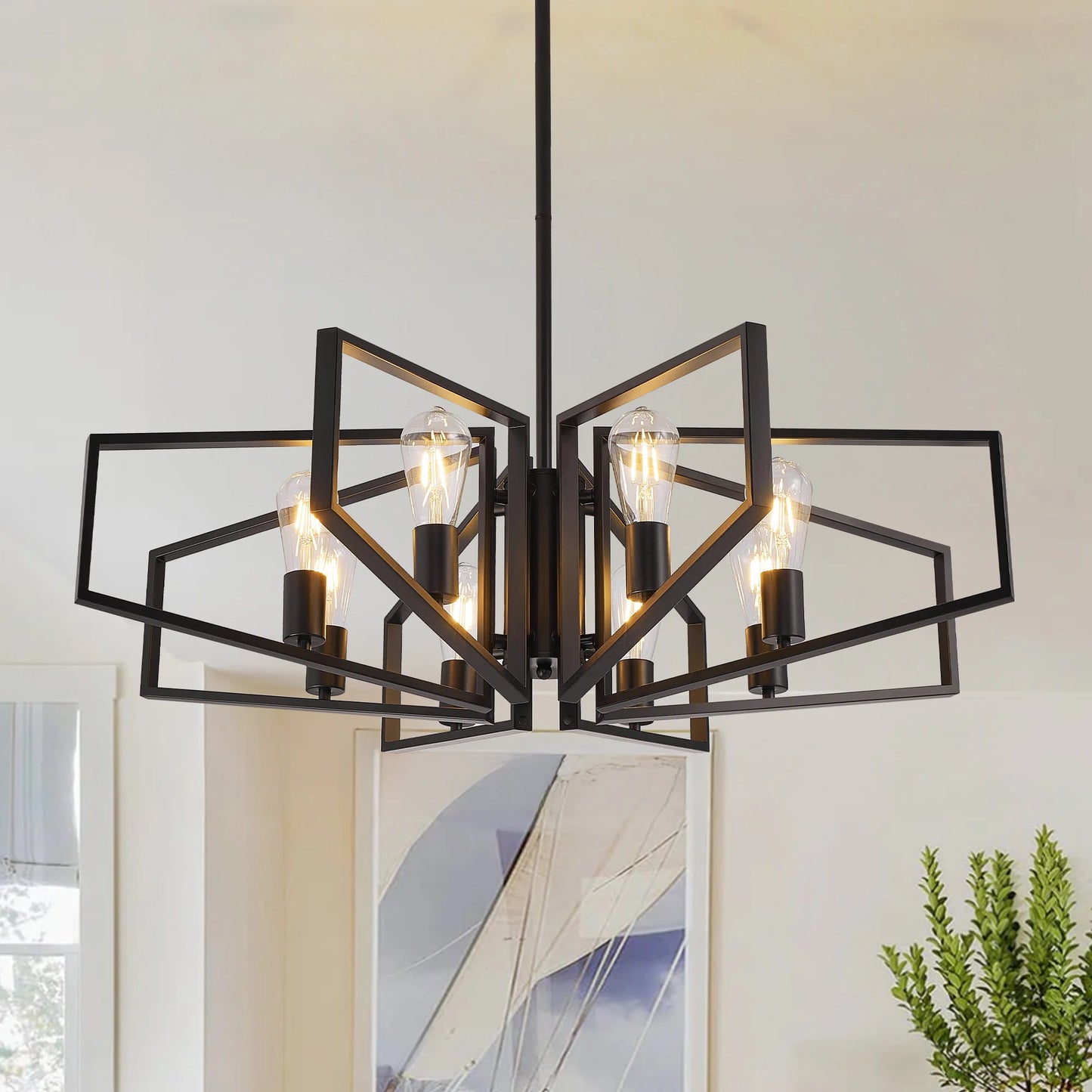 8-Light Geometric Chandelier With Adjustable Height Pendant Light