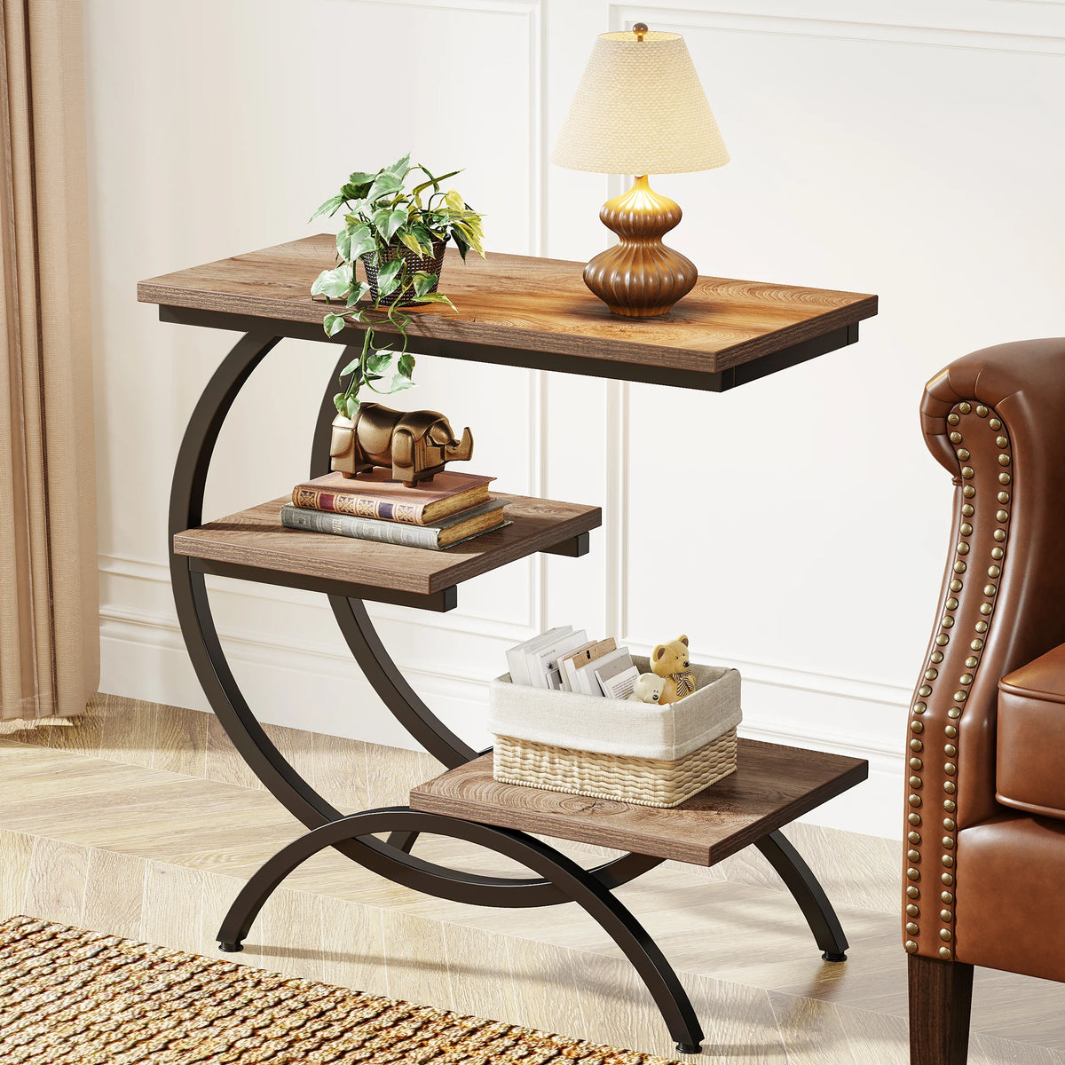 Tribesigns Industrial C-Shaped End Table with 3-Tier Storage Shelves