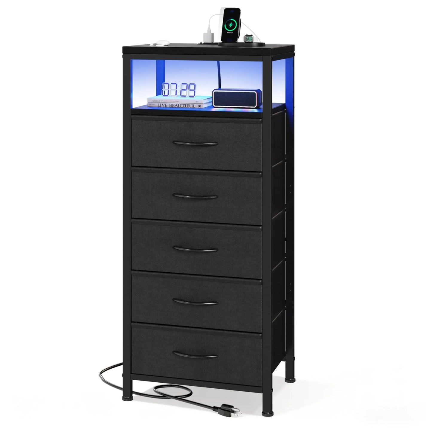 JHK Five Drawer Dresser Nightstand With Charging Station And Outlets