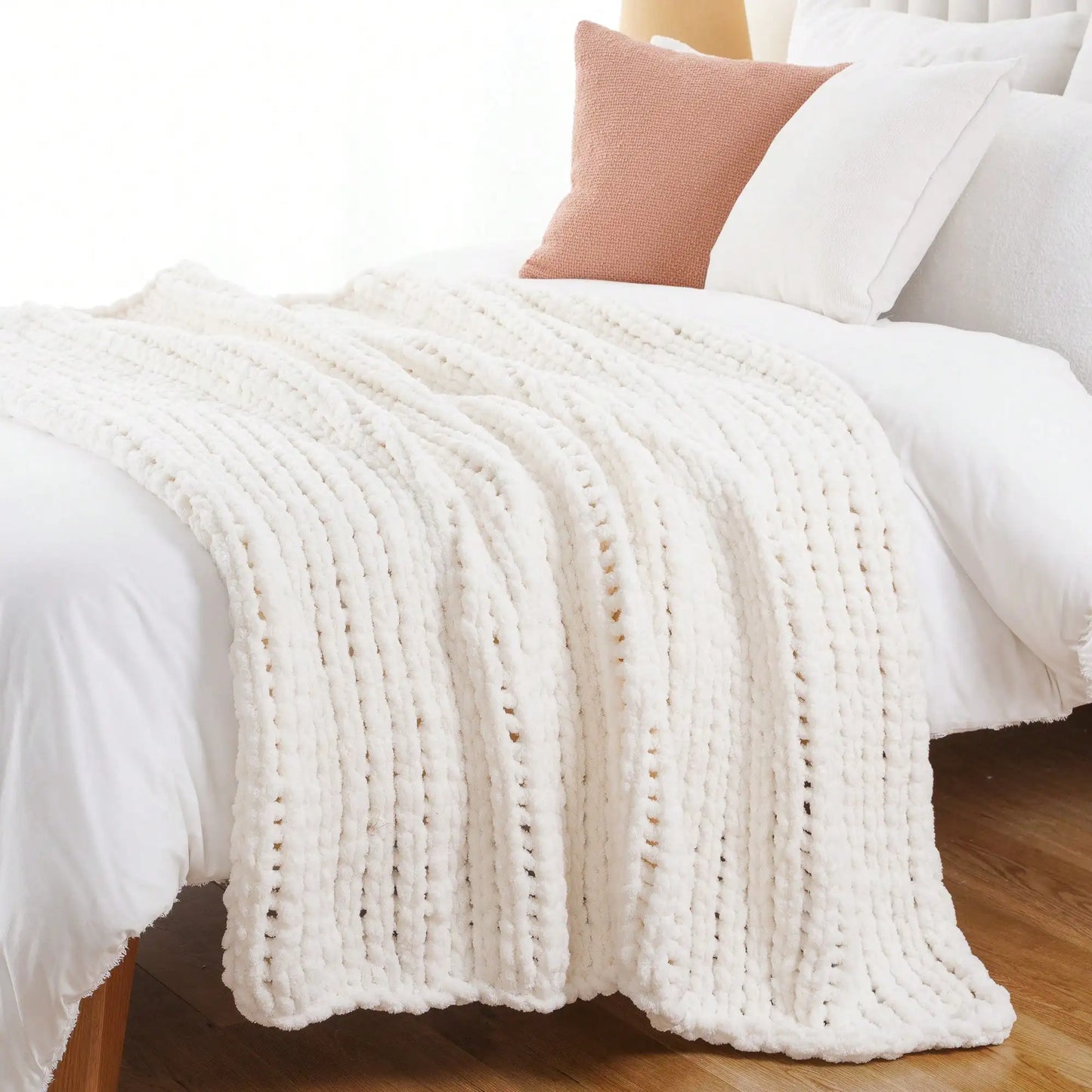 Cream Chunky Knit Throw Blanket For Couch,Handmade Cable Knit Crochet Blanket,Chenille Throw Blankets For Sofa Bed Home Decor,50
