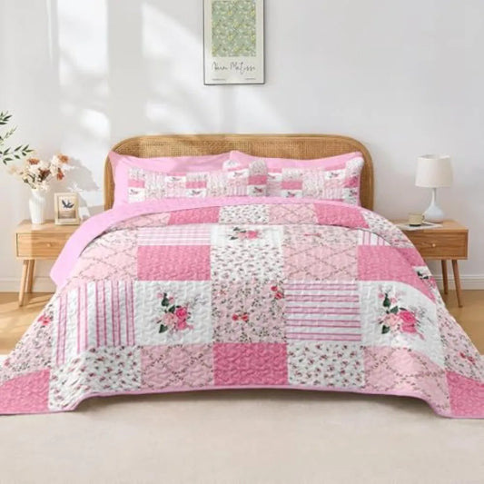 Patchwork Quilt Set With Flowers Duvet Cover And Pillow Shams