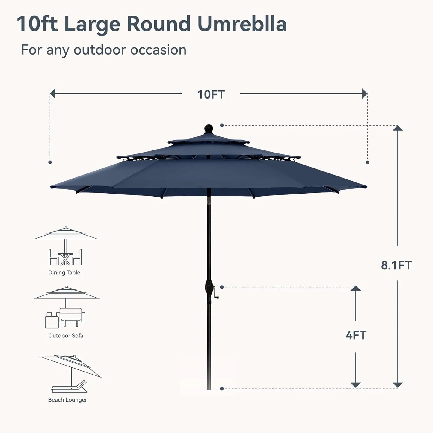 10ft Outdoor Patio Umbrellas for Outside, 3 Tier Vented Market Table Umbrella Windproof for Backyard, Deck, Garden,, Customized