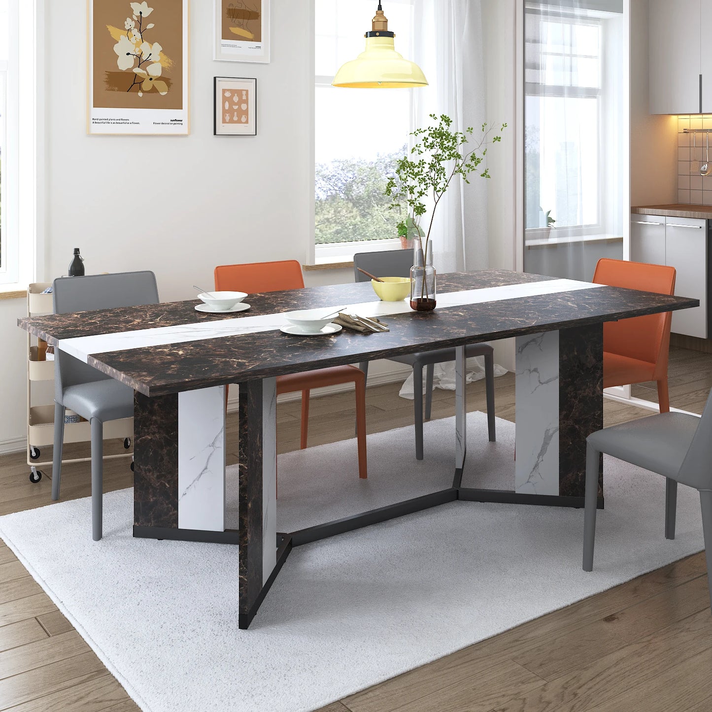 QiaoShiRen Rectangular Dining Table With Wood Top And Metal Legs