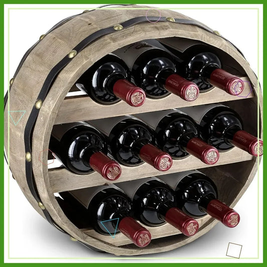 Wall Mounted Barrel Wine Rack for 10 Bottles Rustic Wood Holder