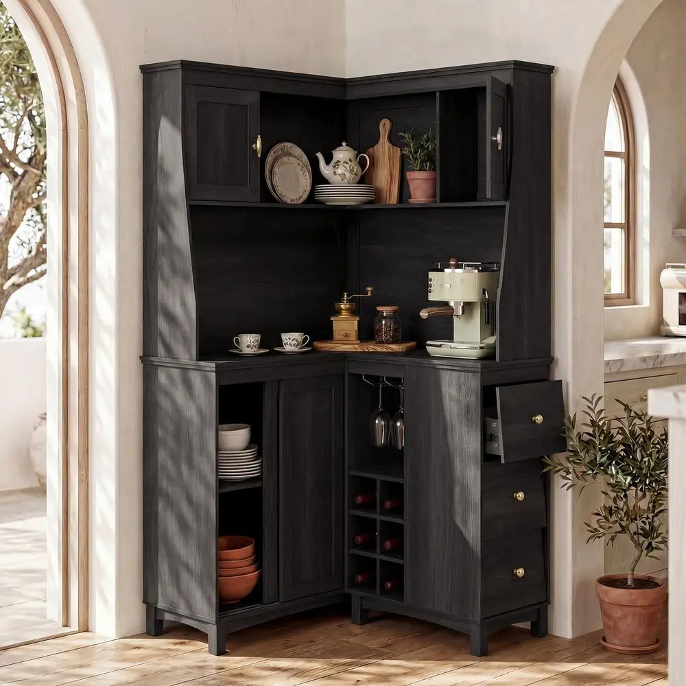 YTYIN Corner Cabinet With Charging Station And Wine Rack Shelves