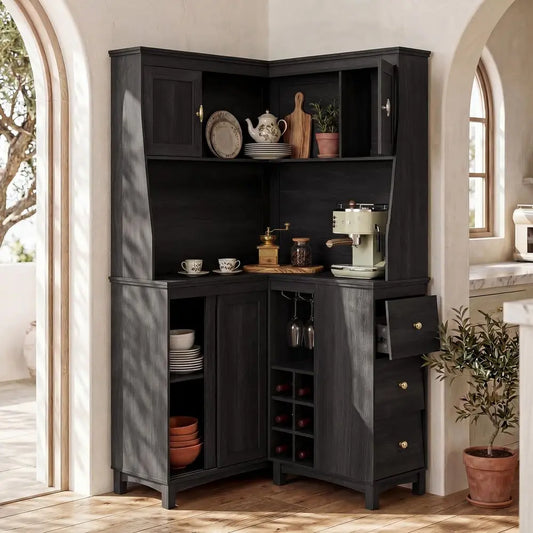 YTYIN Corner Cabinet With Charging Station And Wine Rack Shelves