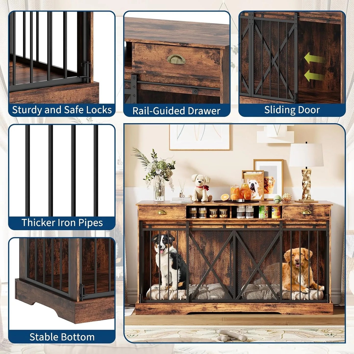 Heavy Duty Wooden Double Dog Crate Furniture Storage Drawers Indoor