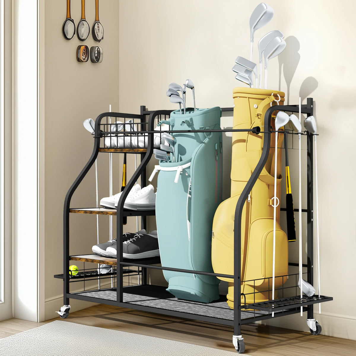 Rolling Golf Bag Storage Rack With Wheels Sports Equipment Organizer