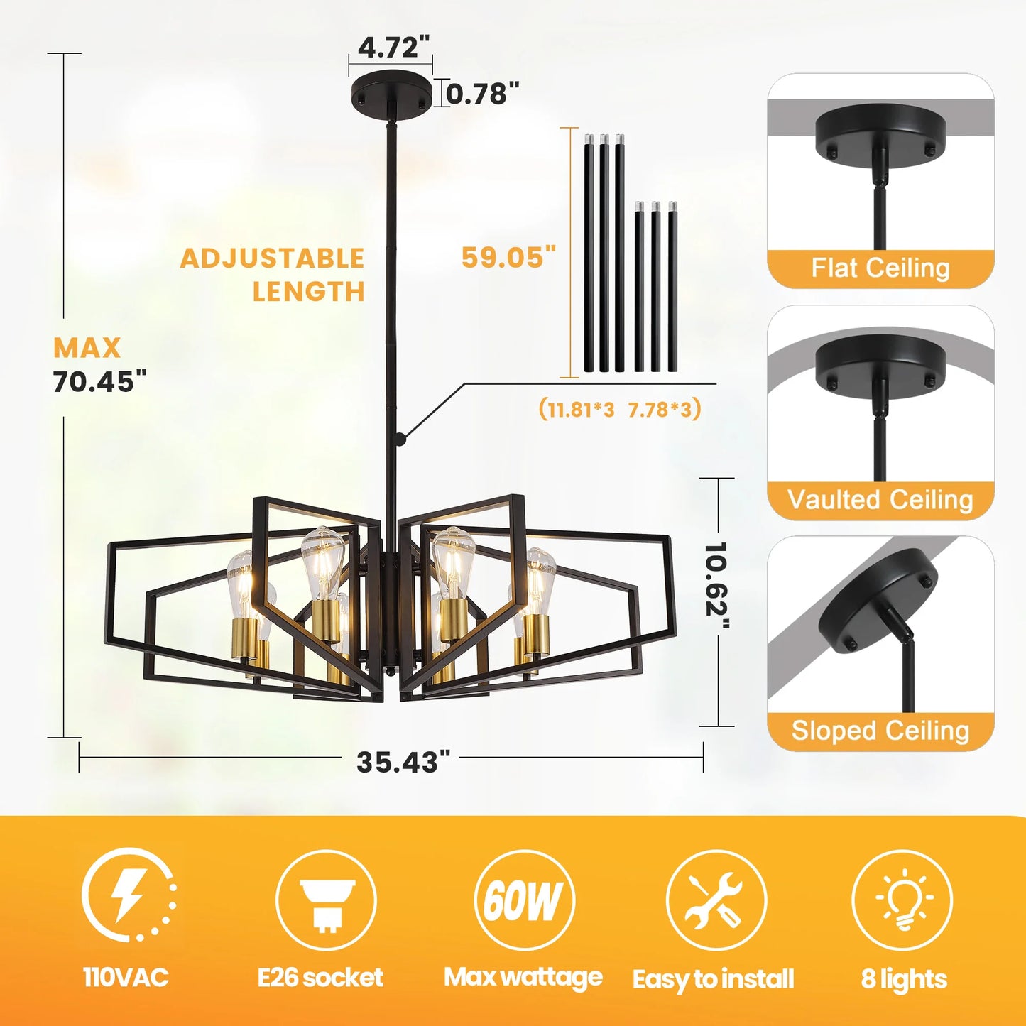 8-Light Geometric Chandelier With Adjustable Height Pendant Light