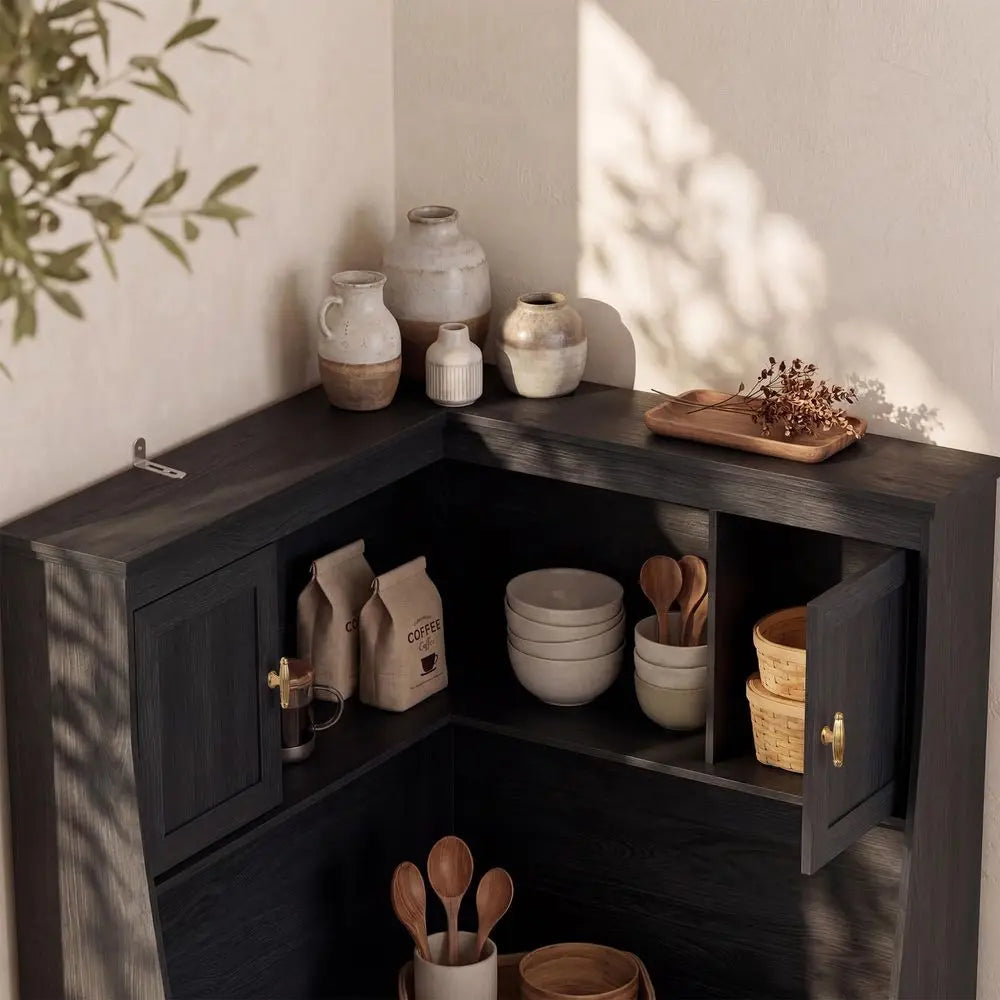 YTYIN Corner Cabinet With Charging Station And Wine Rack Shelves