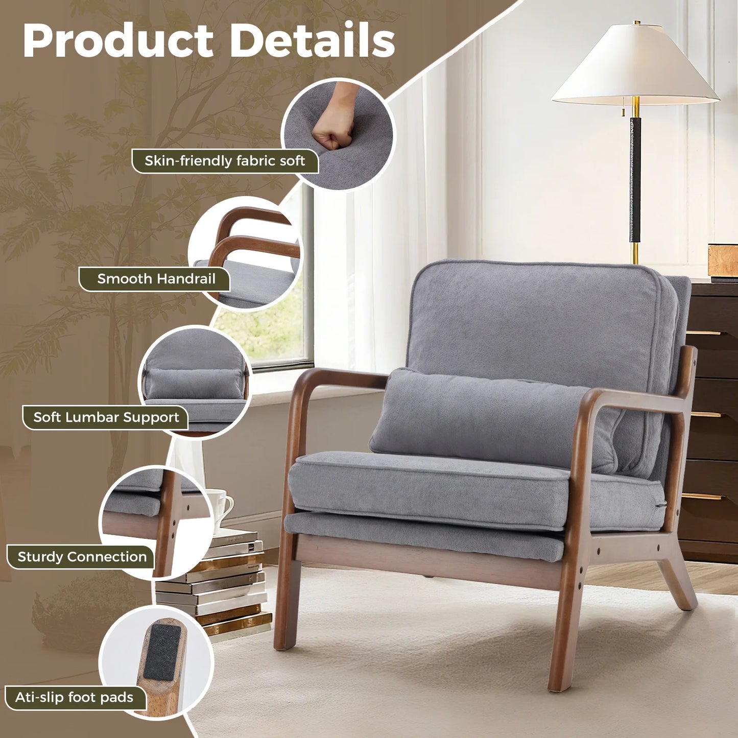 JHK Mid Century Modern Wood Chair With Armrests for Living