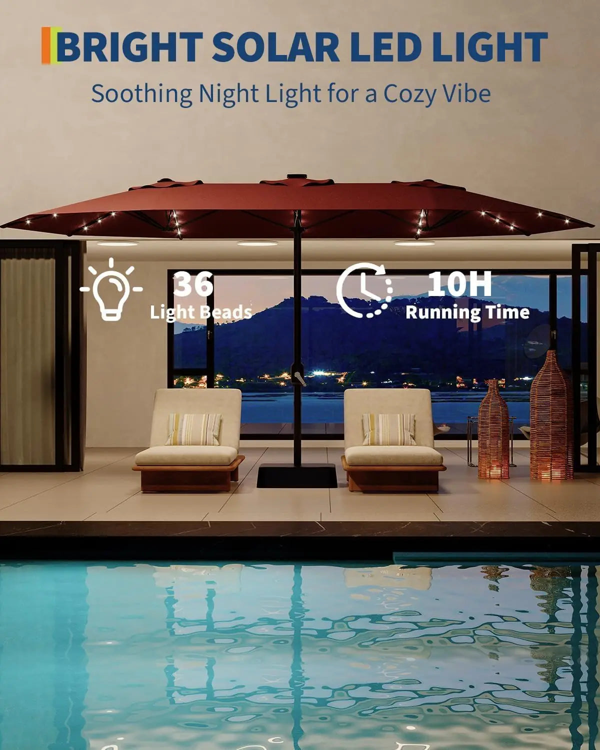 15 ft Rectangular Patio Umbrella with Solar Lights & Base Included - Large Patio Umbrella with Crank Handle 36 LED Lights, UV Protection for Outdoor Market, Backyard, Deck, Pool, Burgundy