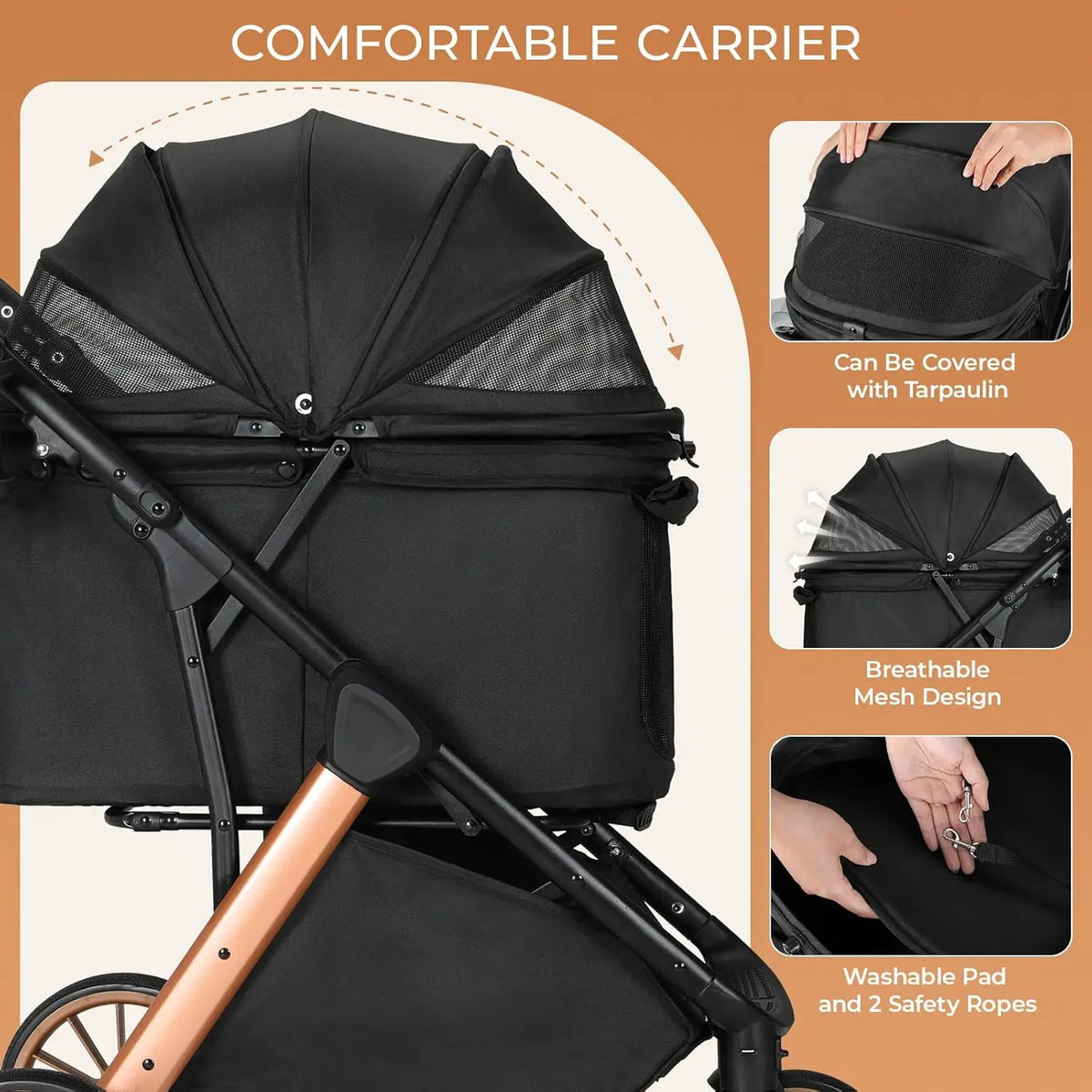 Foldable Pet Stroller with Carrier Sun Shade and Shock Absorbers