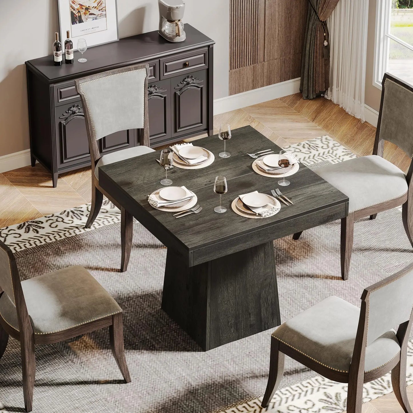 Tribesigns Square Dining Table With Pedestal Base Farmhouse Style Wood