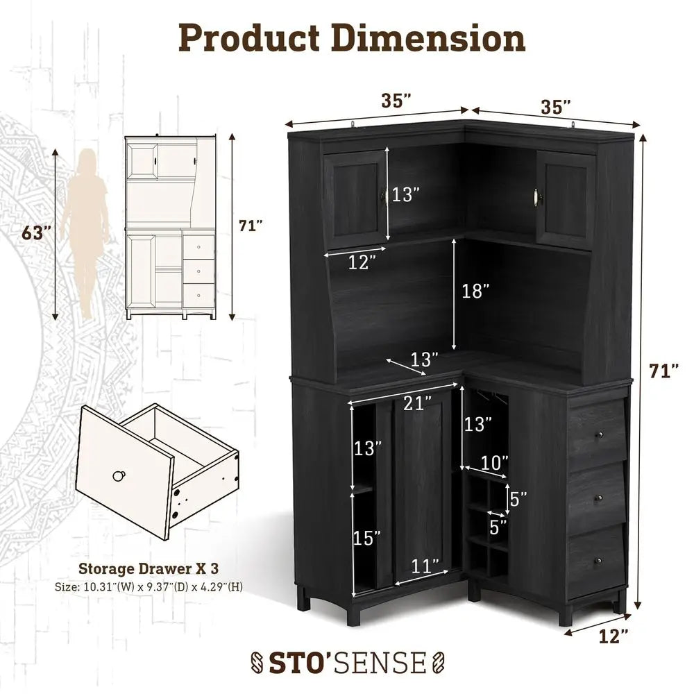 YTYIN Corner Cabinet With Charging Station And Wine Rack Shelves