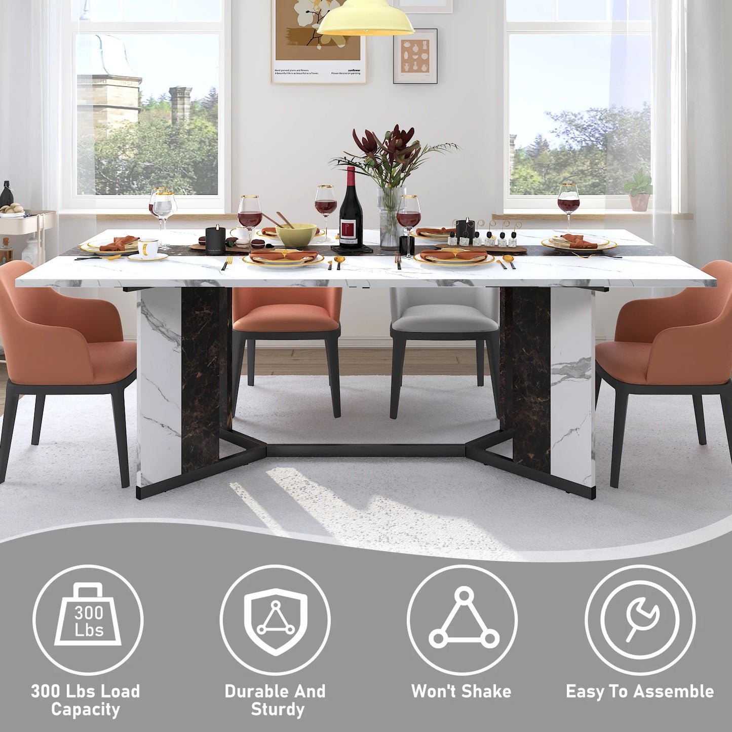 QiaoShiRen Rectangular Dining Table With Wood Top And Metal Legs