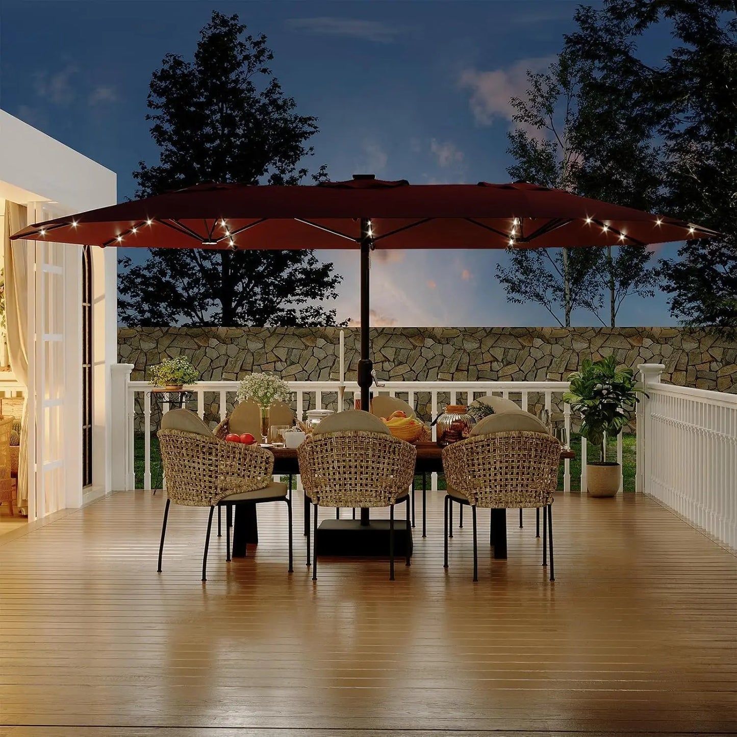 15 ft Rectangular Patio Umbrella with Solar Lights & Base Included - Large Patio Umbrella with Crank Handle 36 LED Lights, UV Protection for Outdoor Market, Backyard, Deck, Pool, Burgundy