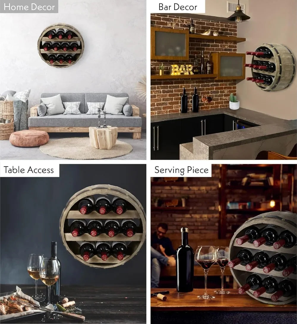 Wall Mounted Barrel Wine Rack for 10 Bottles Rustic Wood Holder