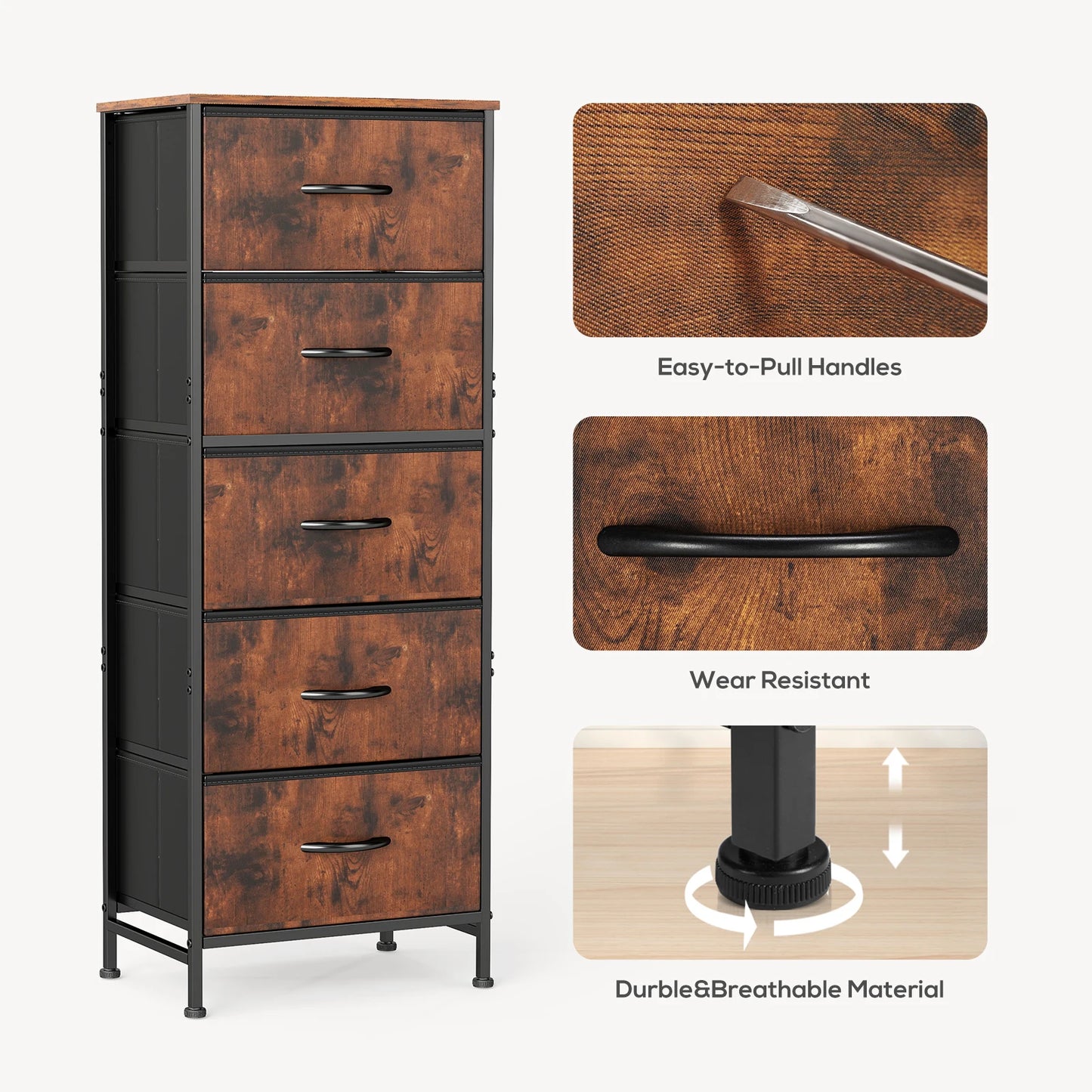 JHK Dresser With 5 Fabric Drawers Nightstand Wardrobe Steel Frame