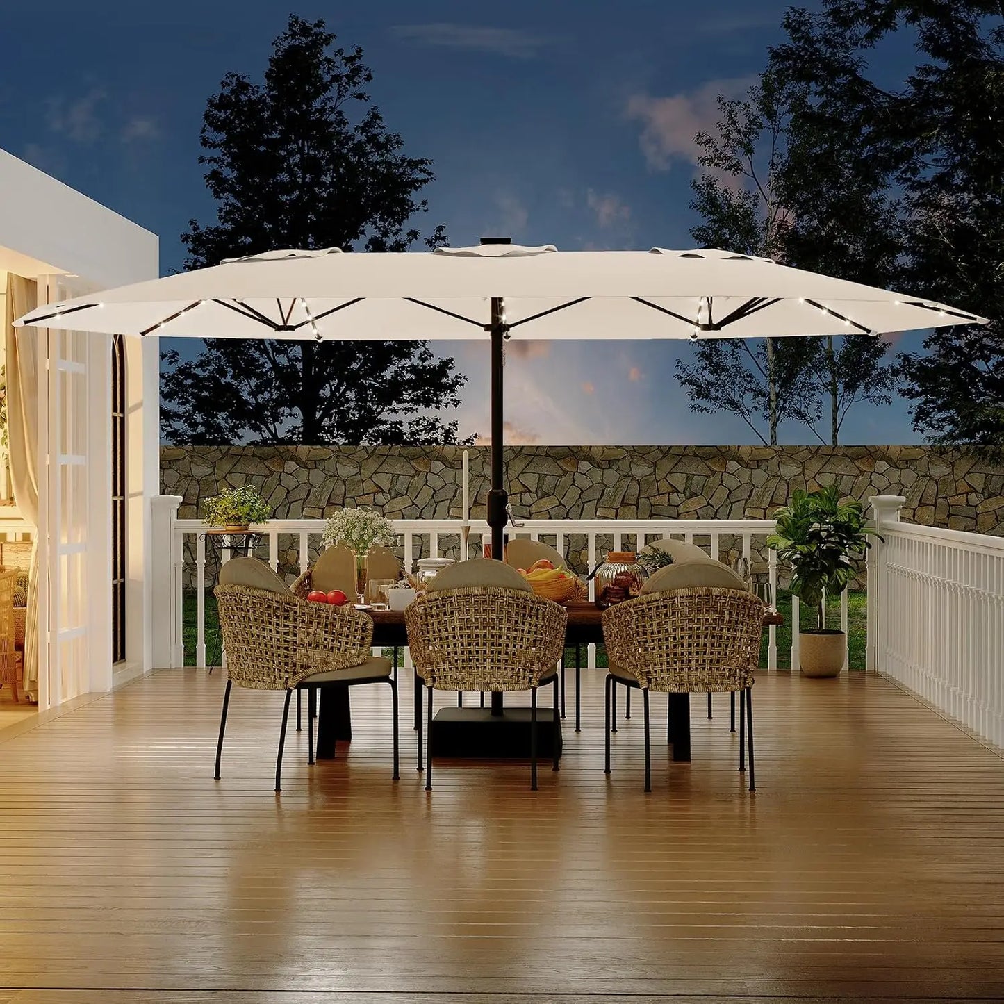 15 ft Rectangular Patio Umbrella with Solar Lights & Base Included - Large Patio Umbrella with Crank Handle 36 LED Lights, UV Protection for Outdoor Market, Backyard, Deck, Pool, Burgundy