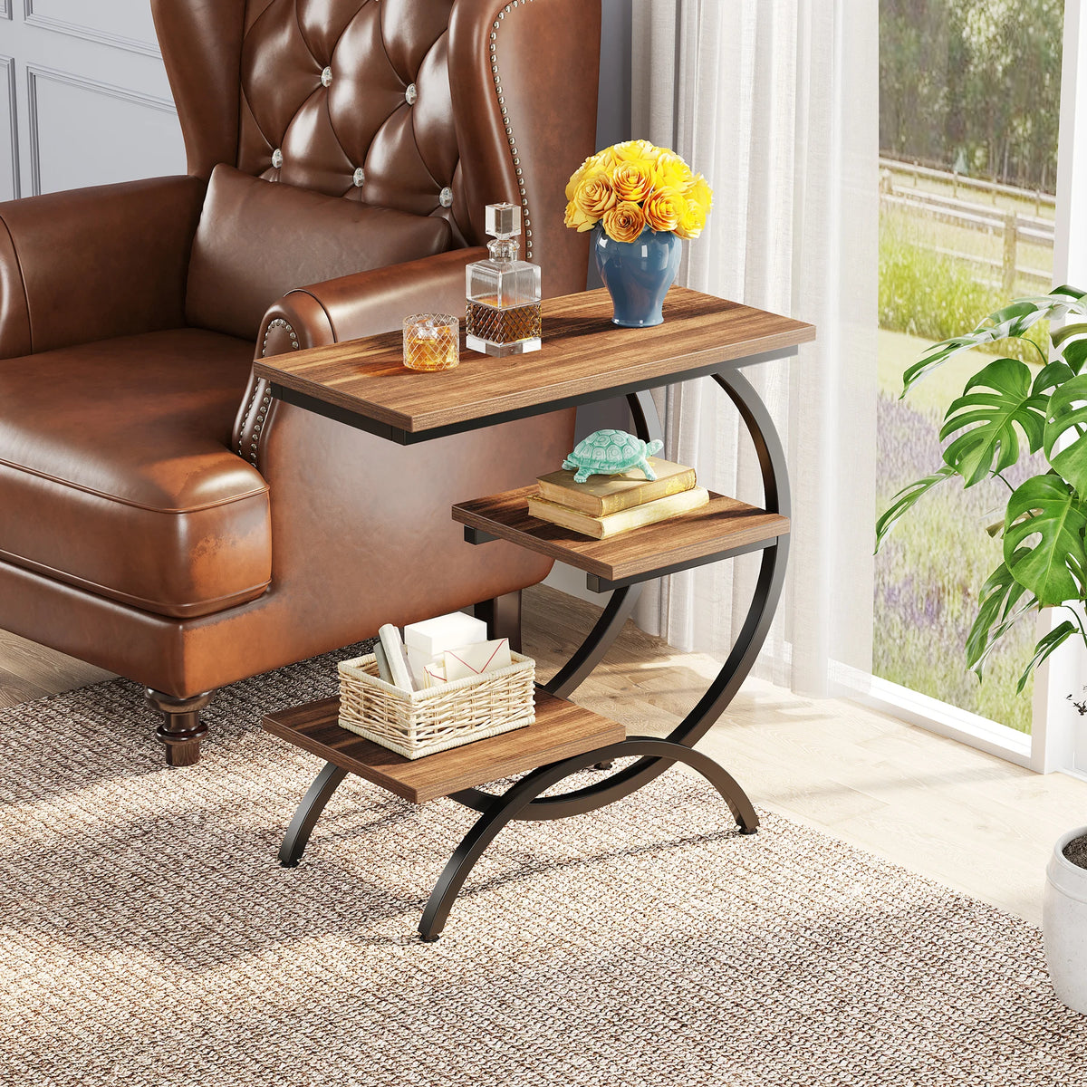Tribesigns Industrial C-Shaped End Table with 3-Tier Storage Shelves