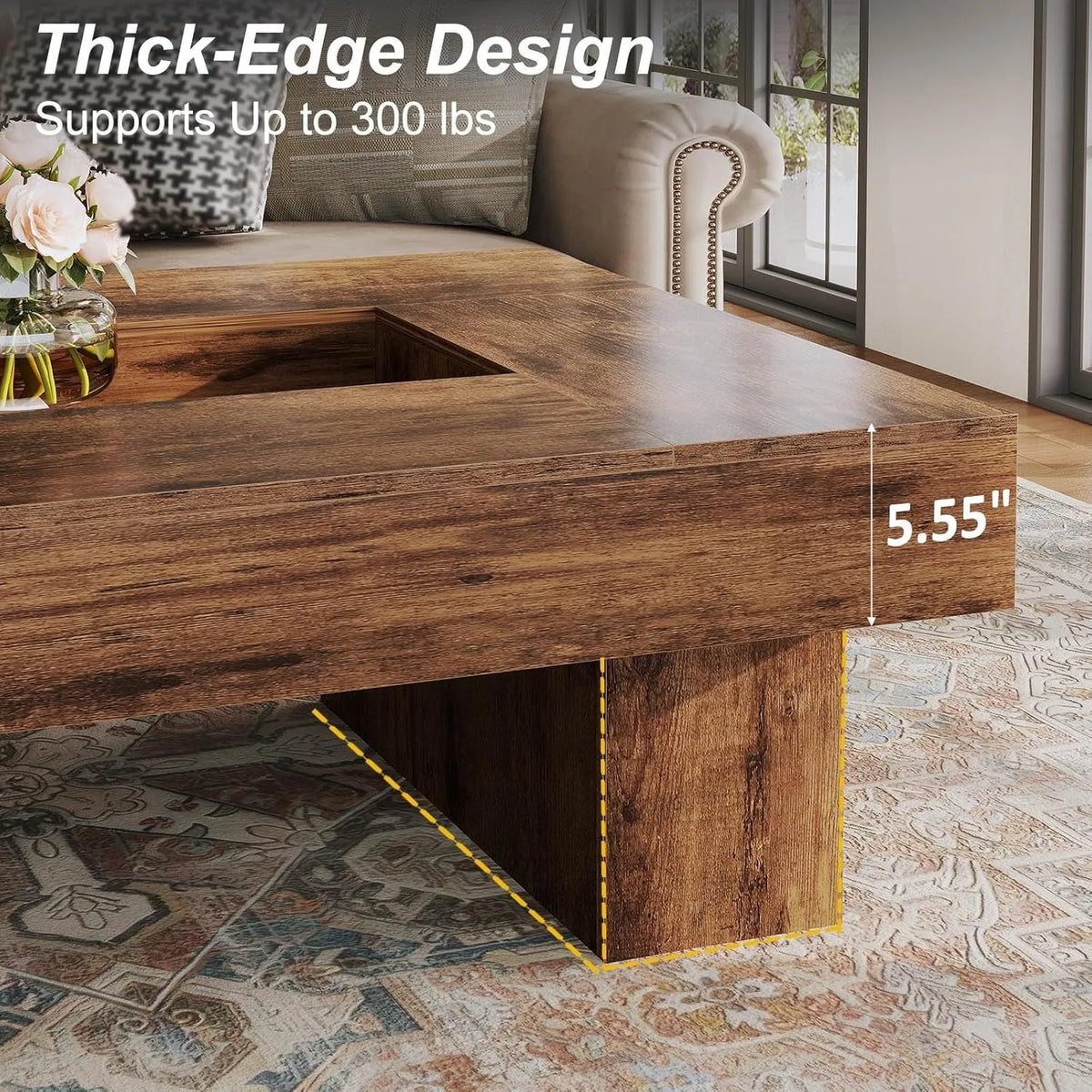 XIUWO Rustic Wood Coffee Table With Storage And LED Light