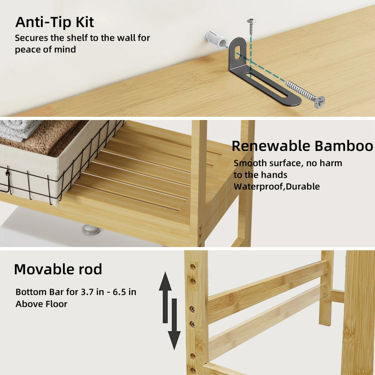 Bamboo Over The Toilet Three Tier Bathroom Storage Organizer Rack